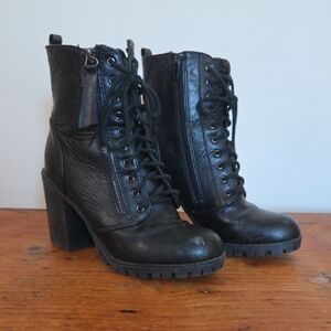 Soda Black Lace-Up Chunky Heel Boots